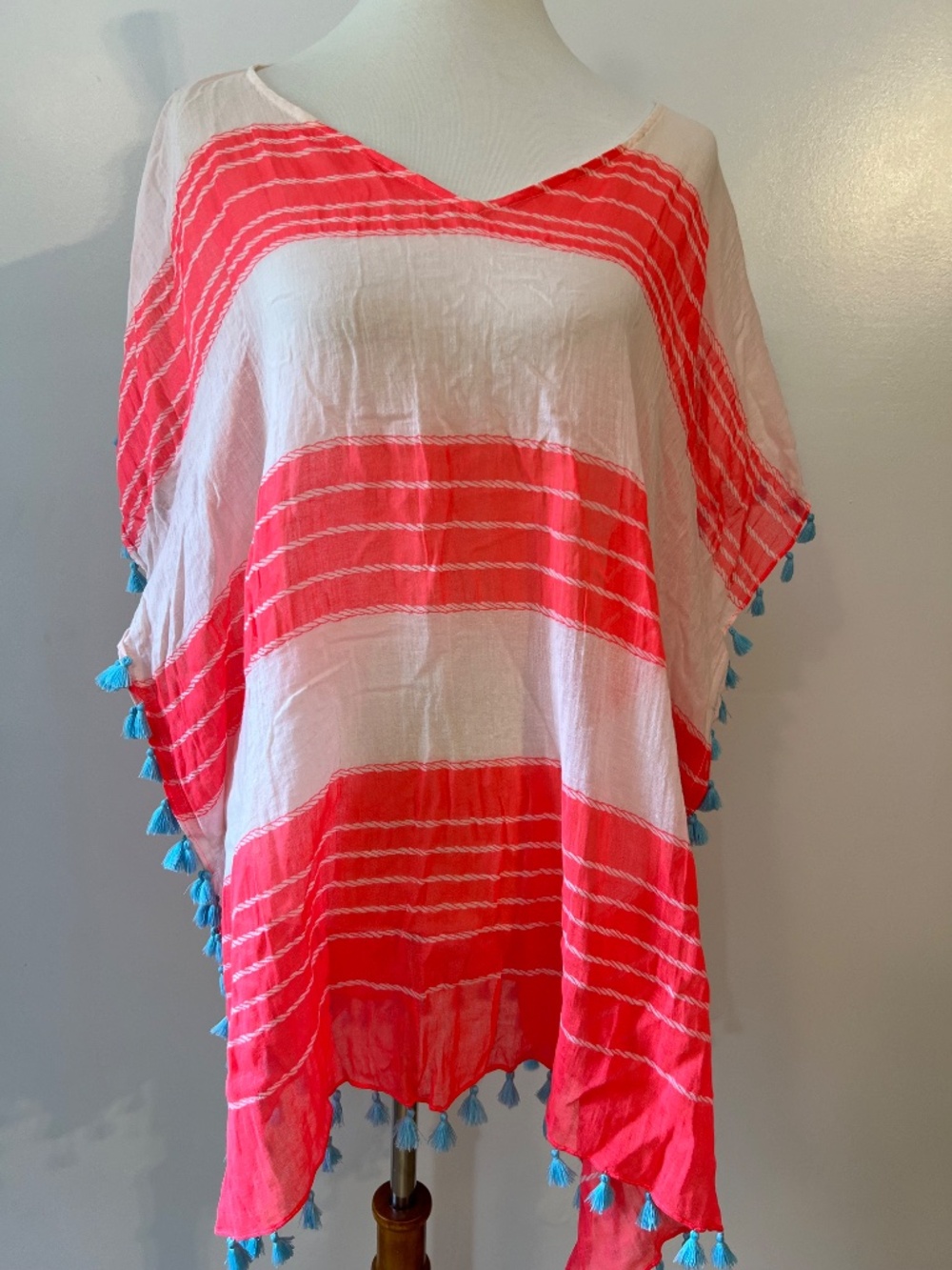 Seafolly Coastline Cable Kaftan Tassel Beach Cover-Up Poncho Coral Striped O/S